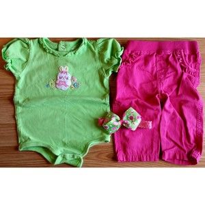 Girl's Size 6-9 M Months 3 Pc Green Okie Dokie Bunny Top, Pink Pants & Headband
